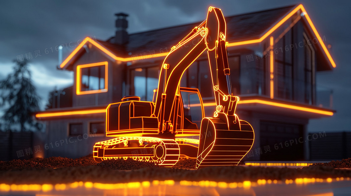 橙色科技感挖掘机智能插画