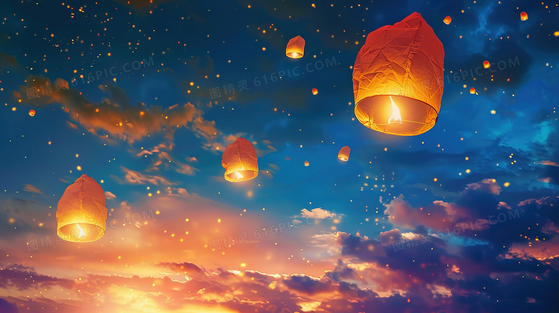 夜晚星空下的孔明灯祈福插画