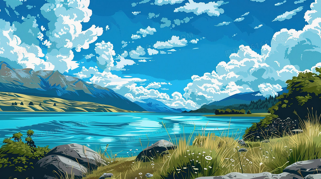 唯美湖边水面自然风景插画