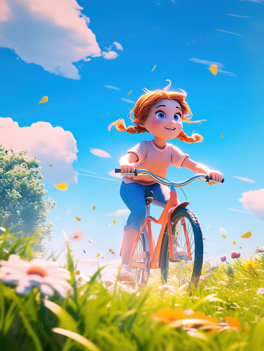 3D草地骑行的女孩子插画