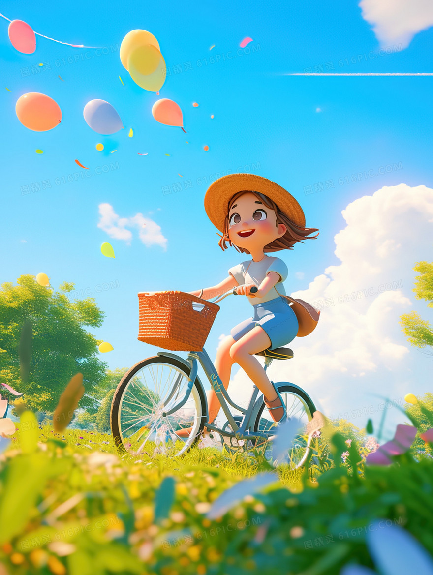 夏日草地骑行的女孩子插画