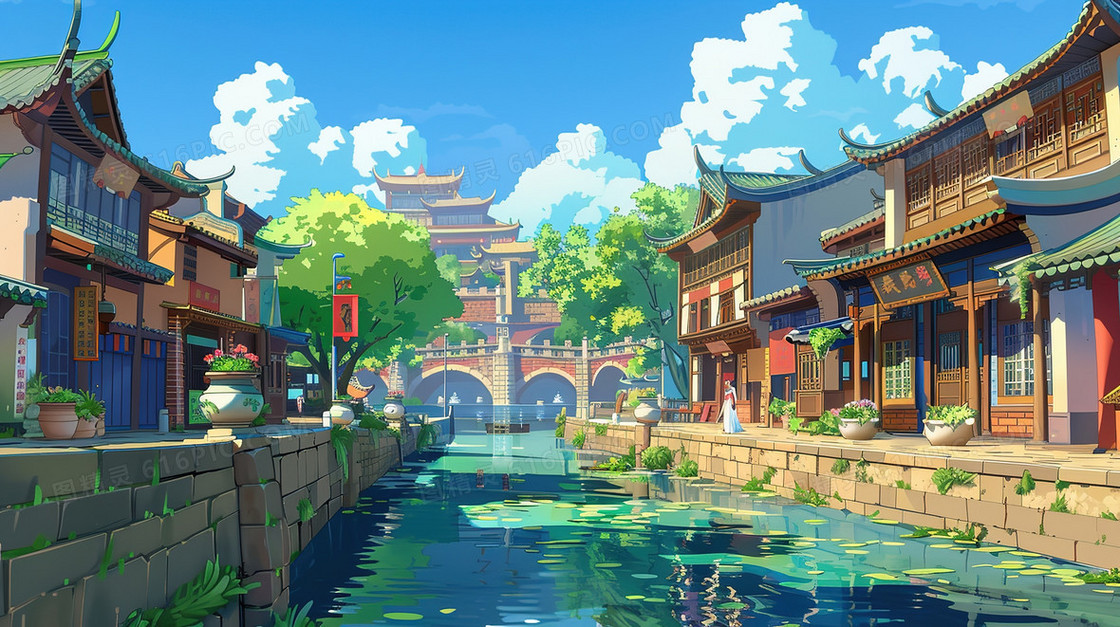 唯美江南水乡风景插画