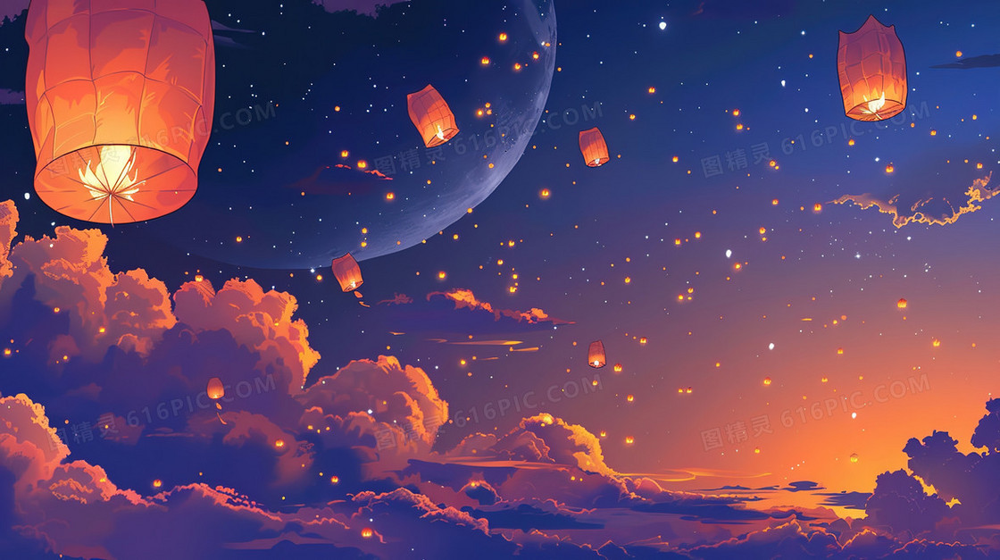 夜晚星空下的孔明灯祈福插画