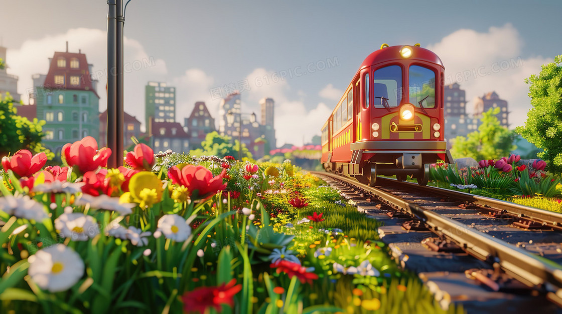 春日花海中行驶的小火车插画