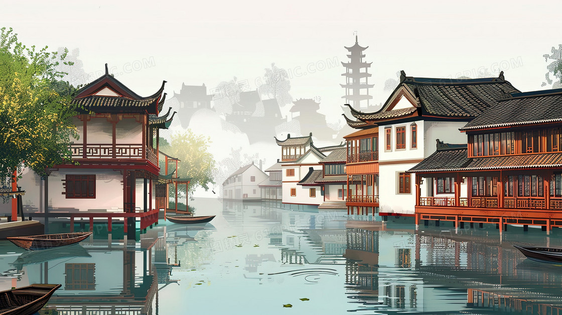 唯美江南水乡风景插画