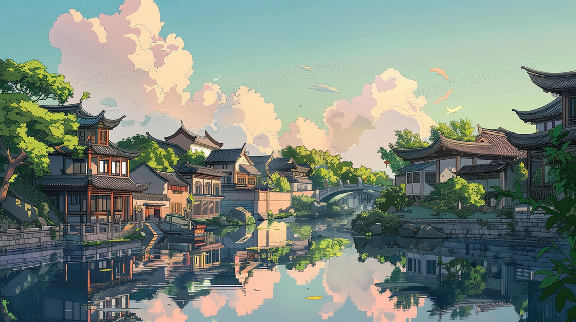 唯美江南水乡风景插画