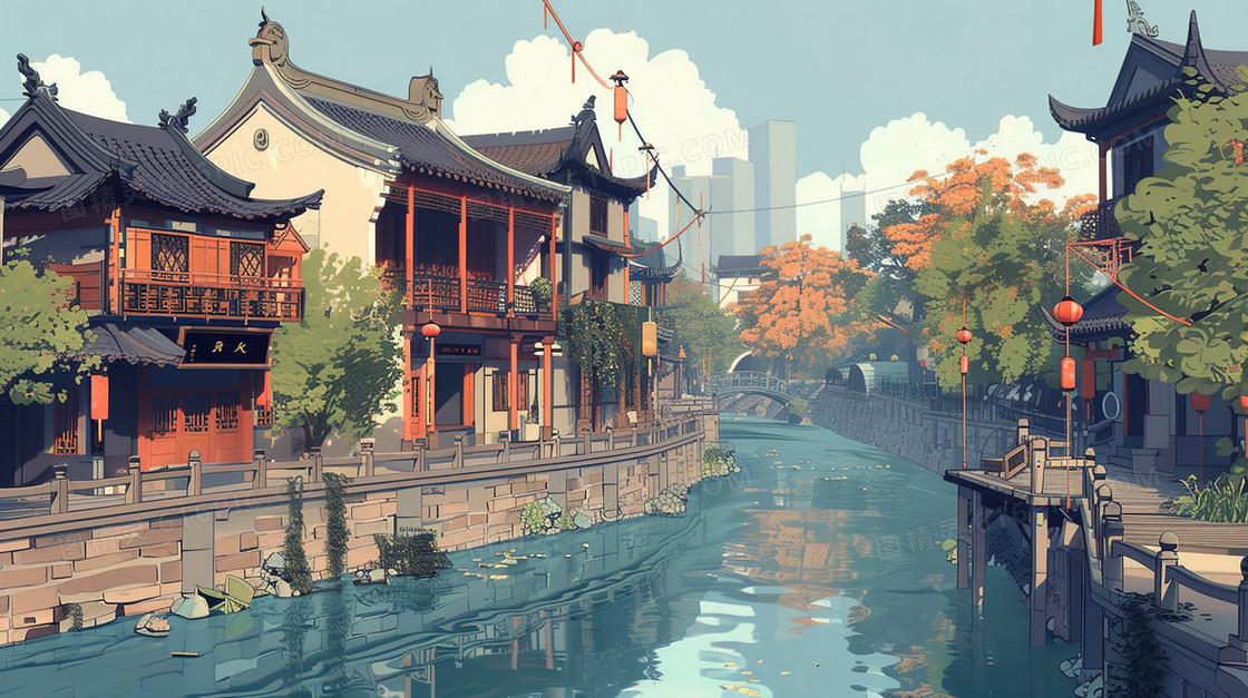 唯美江南水乡风景插画