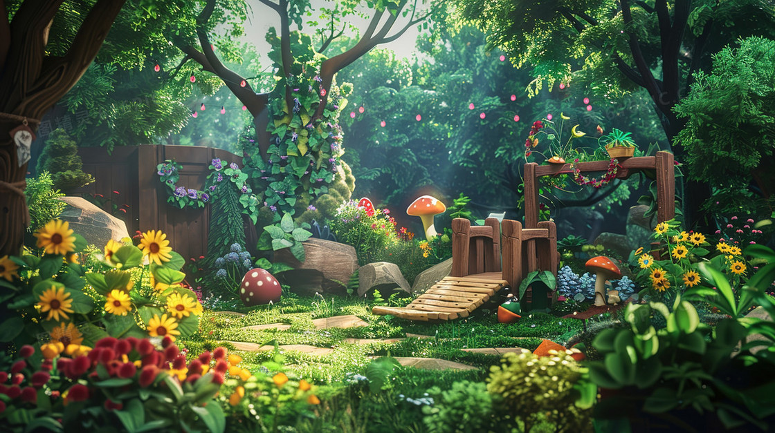 花园里开满的鲜花风景插画