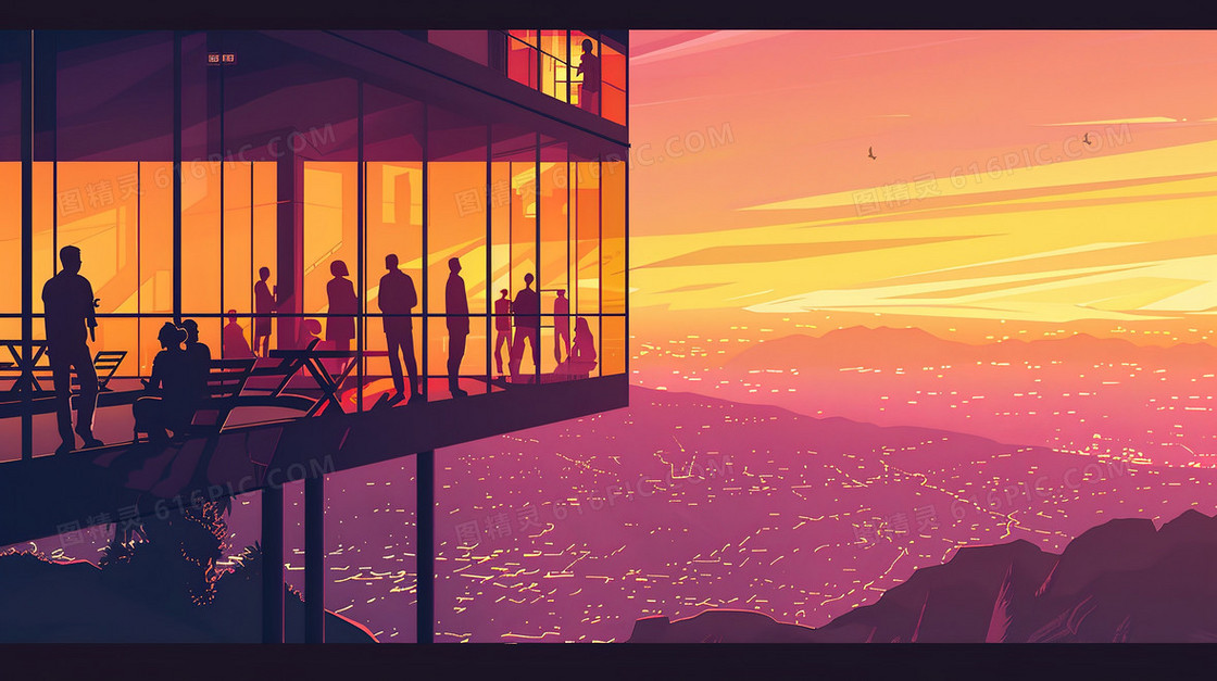 商务办公露台建筑风景插画