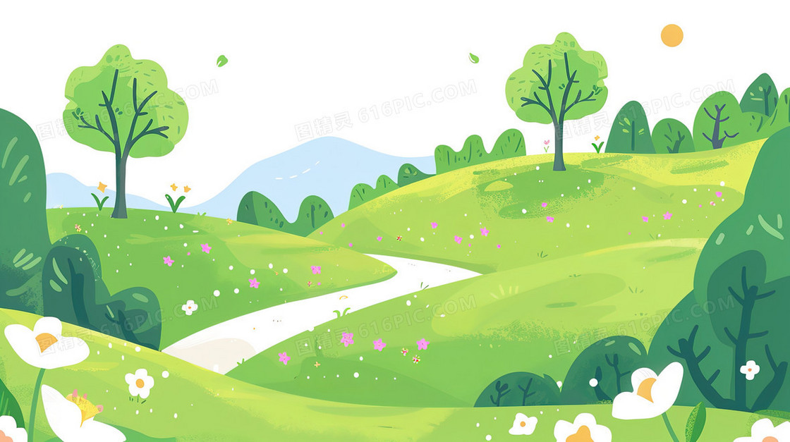 绿色春天草地风景插画