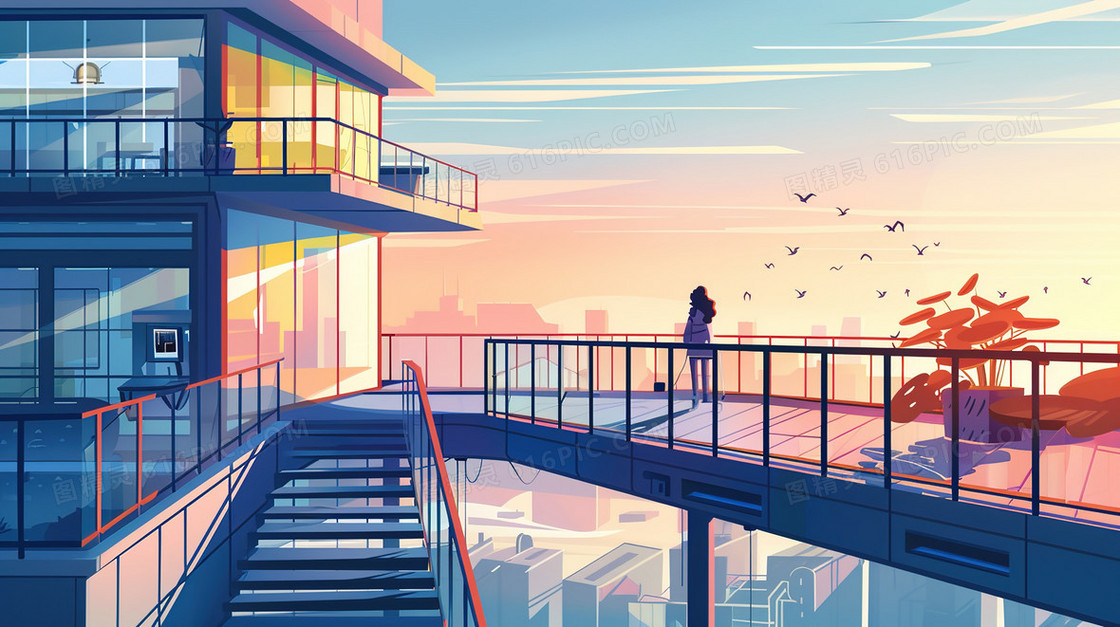 商务办公露台建筑风景插画