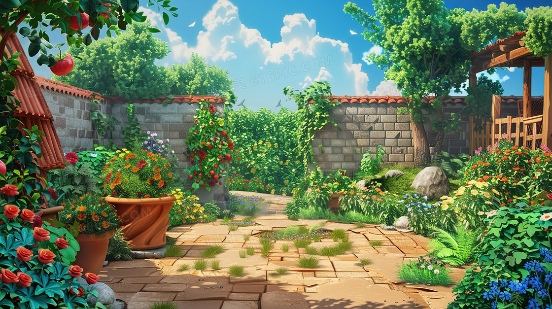 花园里开满的鲜花风景插画