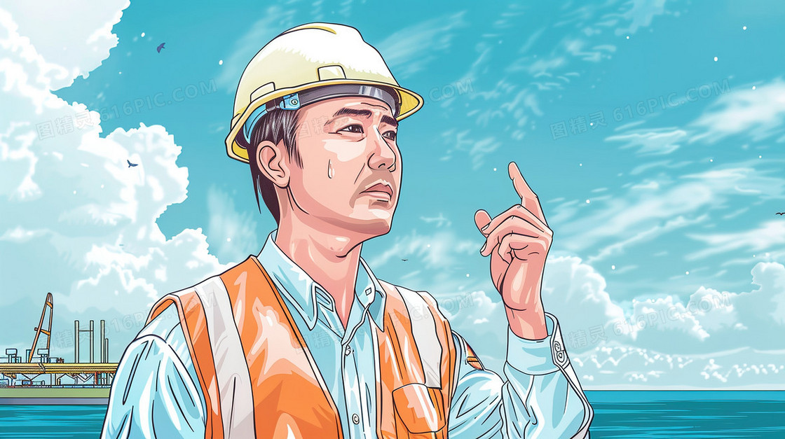蓝天白云男性建筑工人插画