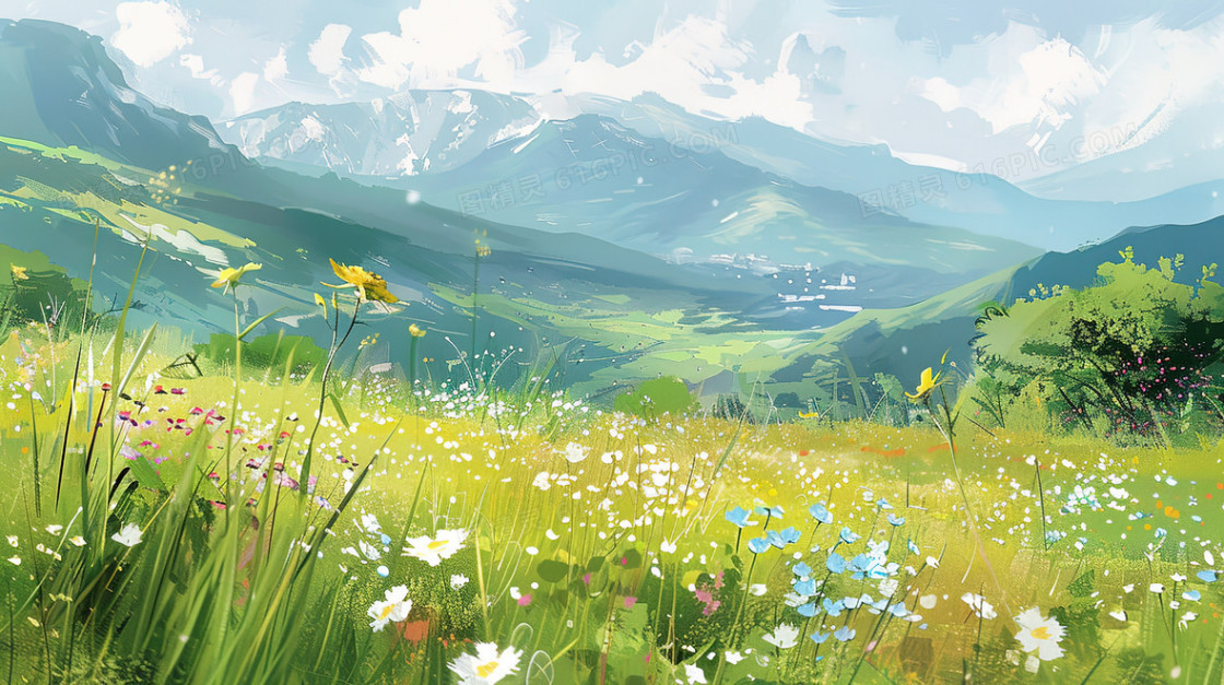 蓝天白云鲜花草地风景插画背景图片下载_2912x1632像素JPG格式_编号138fe49px_图精灵