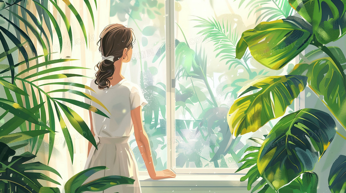 室内窗前绿植女孩风景插画