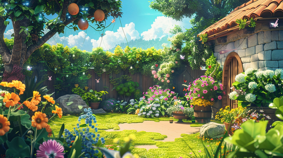 花园里开满的鲜花风景插画