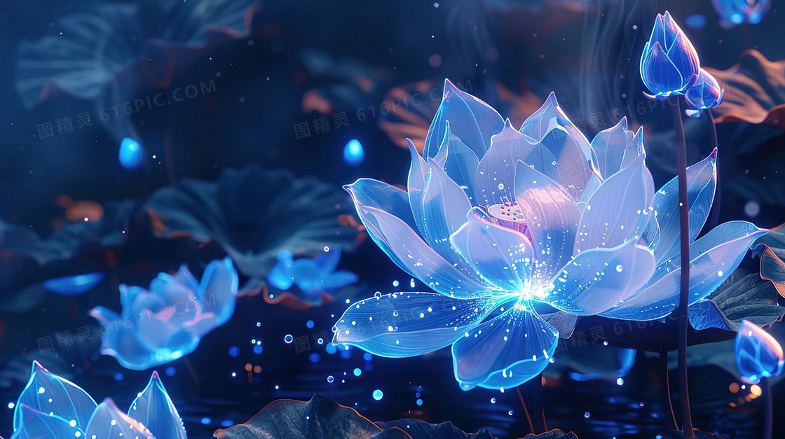 梦幻唯美盛开的荷花插画