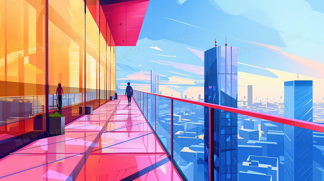 商务办公露台建筑风景插画