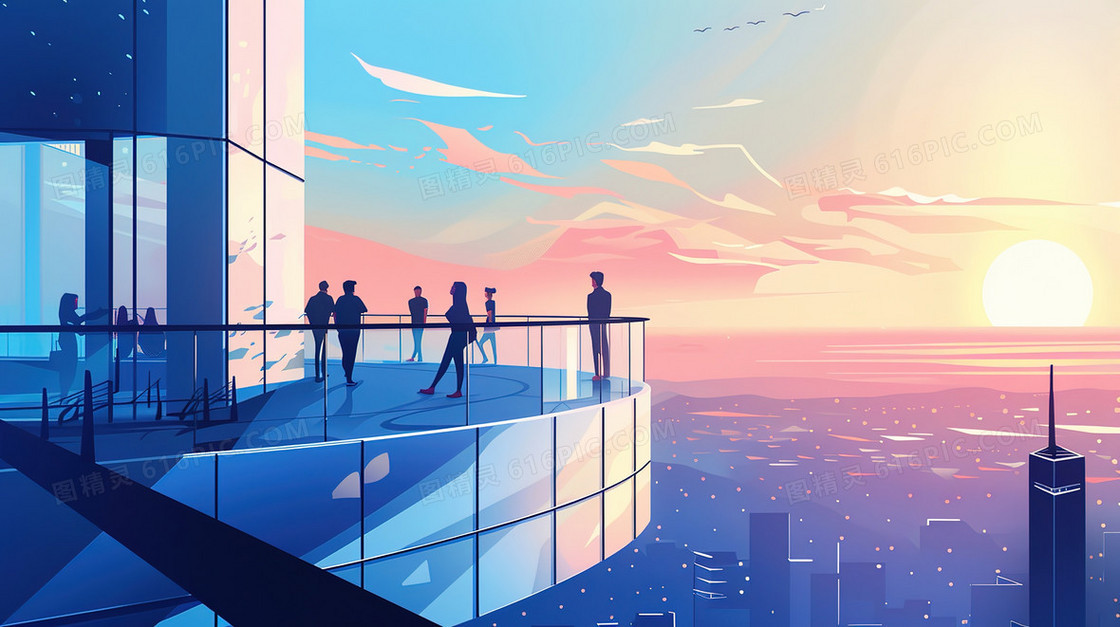 商务办公露台建筑风景插画