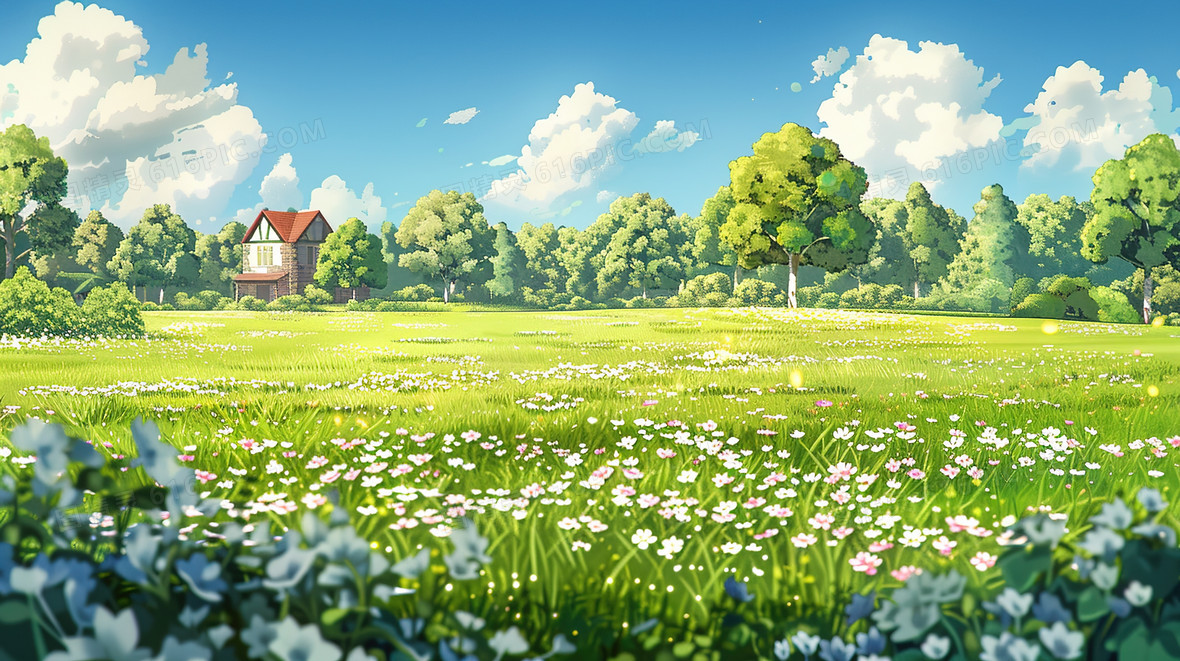 蓝天白云鲜花草地风景插画背景图片下载_2912x1632像素JPG格式_编号138fe49px_图精灵
