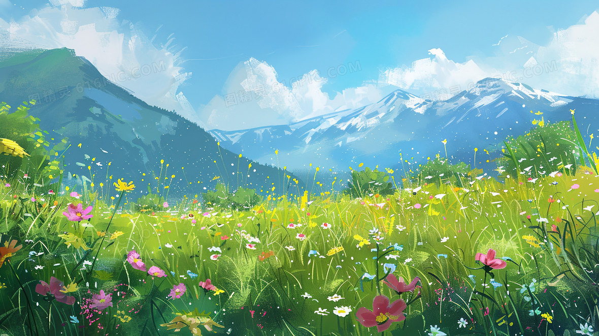 蓝天白云鲜花草地风景插画背景图片下载_2912x1632像素JPG格式_编号138fe49px_图精灵