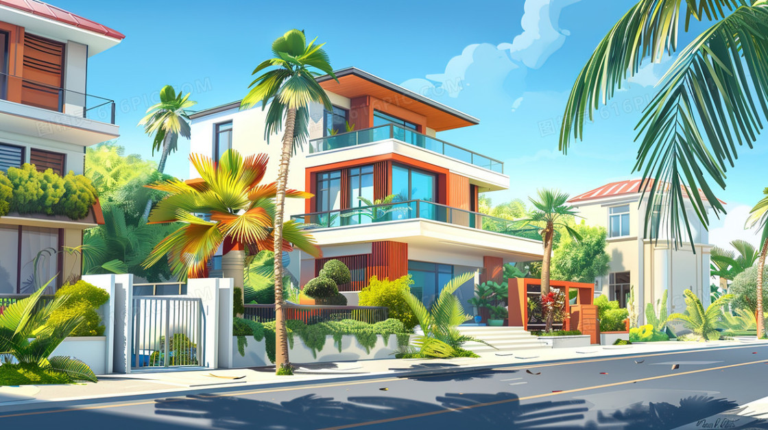 夏天海边别墅建筑房屋风景插画
