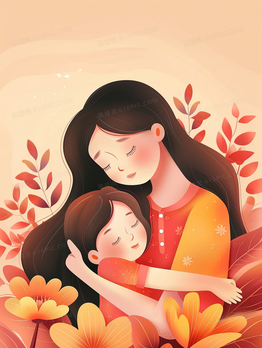 花丛中母亲拥抱孩子插画