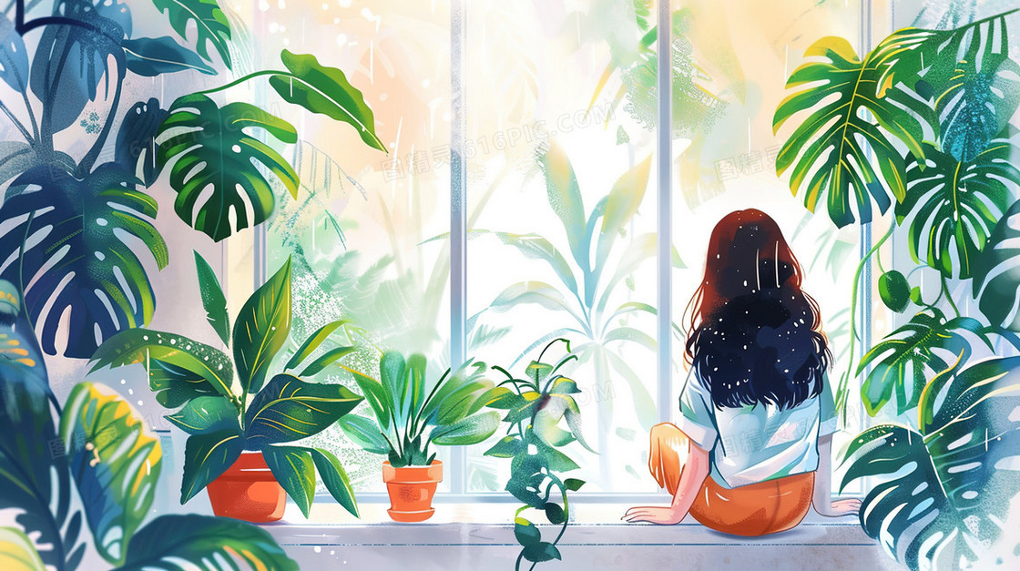室内窗前绿植女孩风景插画