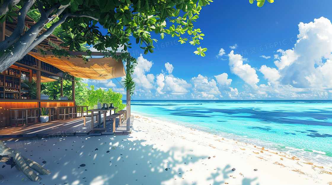 夏日海边沙滩店铺风景插画