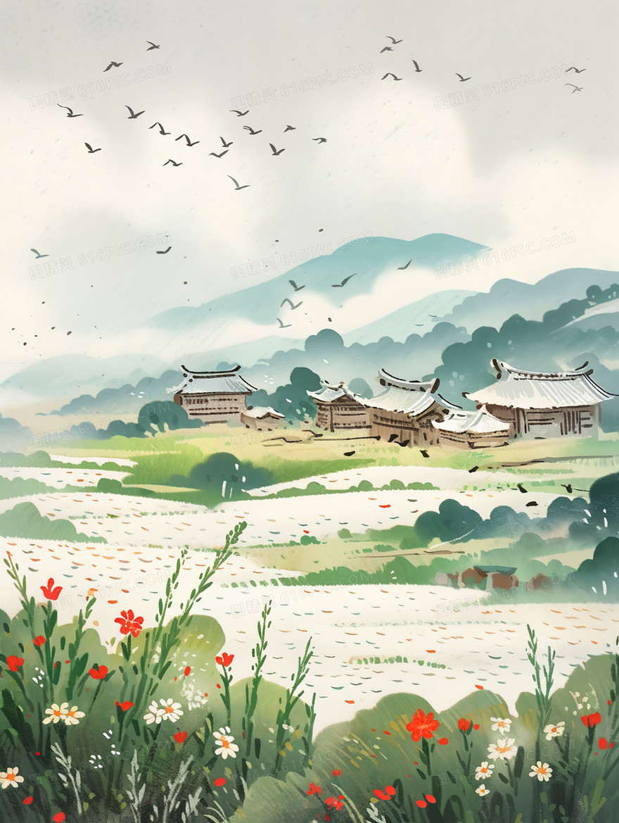 唯美水彩田野乡村风景插画