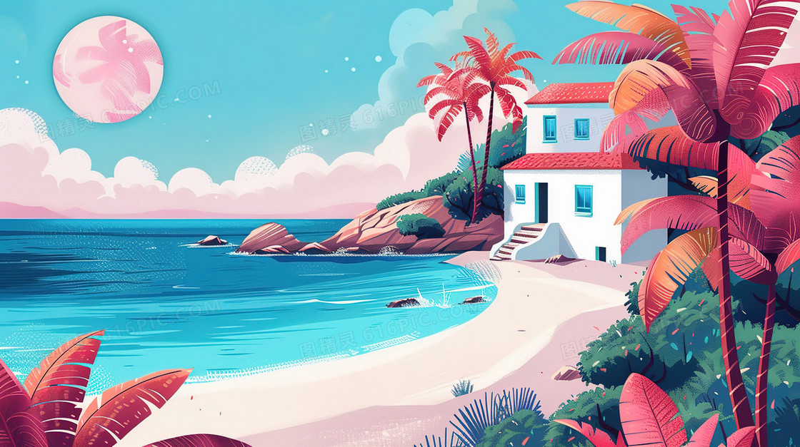 唯美夏日海边沙滩风景插画