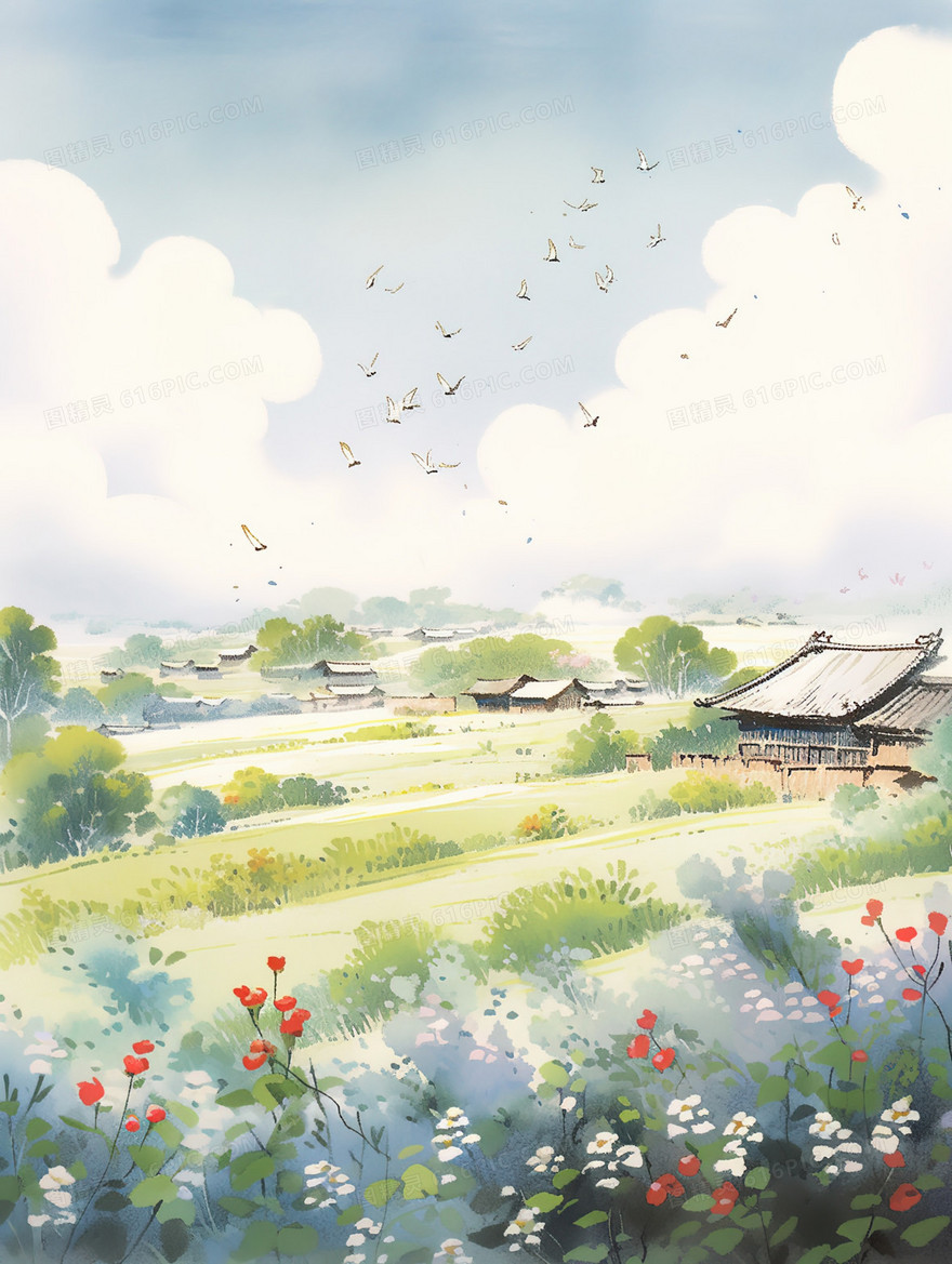 唯美水彩田野乡村风景插画