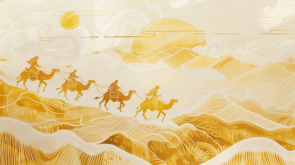 黄色沙漠骆驼丝绸之路插画