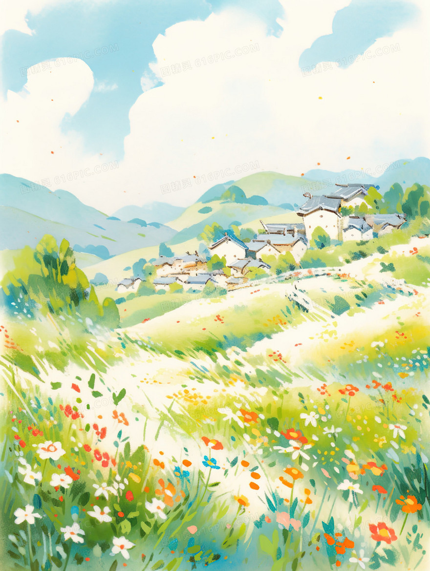 唯美水彩田野乡村风景插画