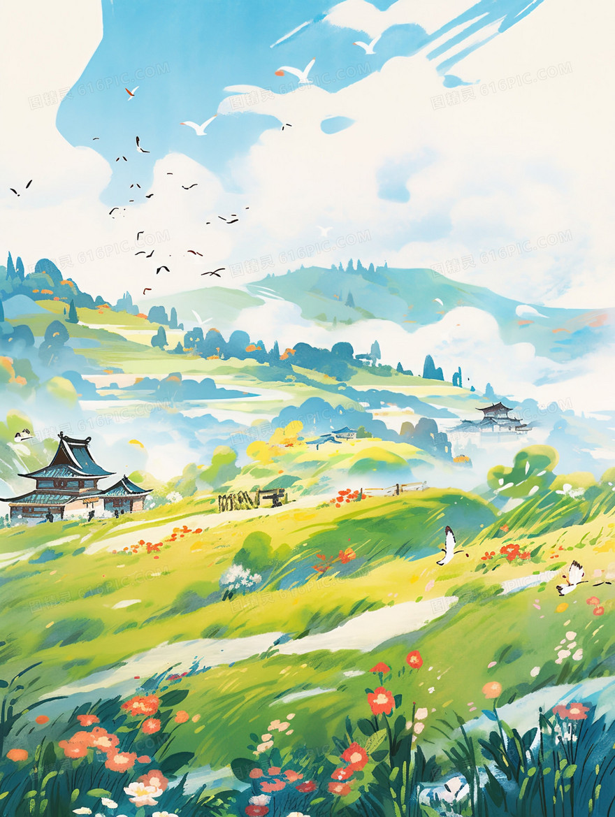 唯美水彩田野乡村风景插画