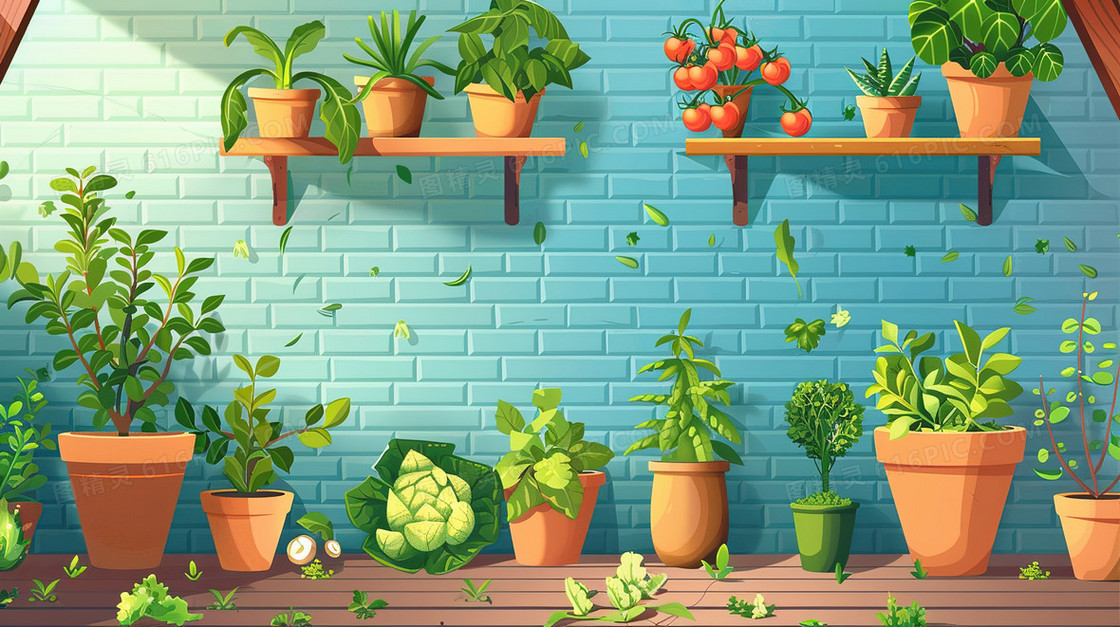 夏日室内窗前绿植风景插画