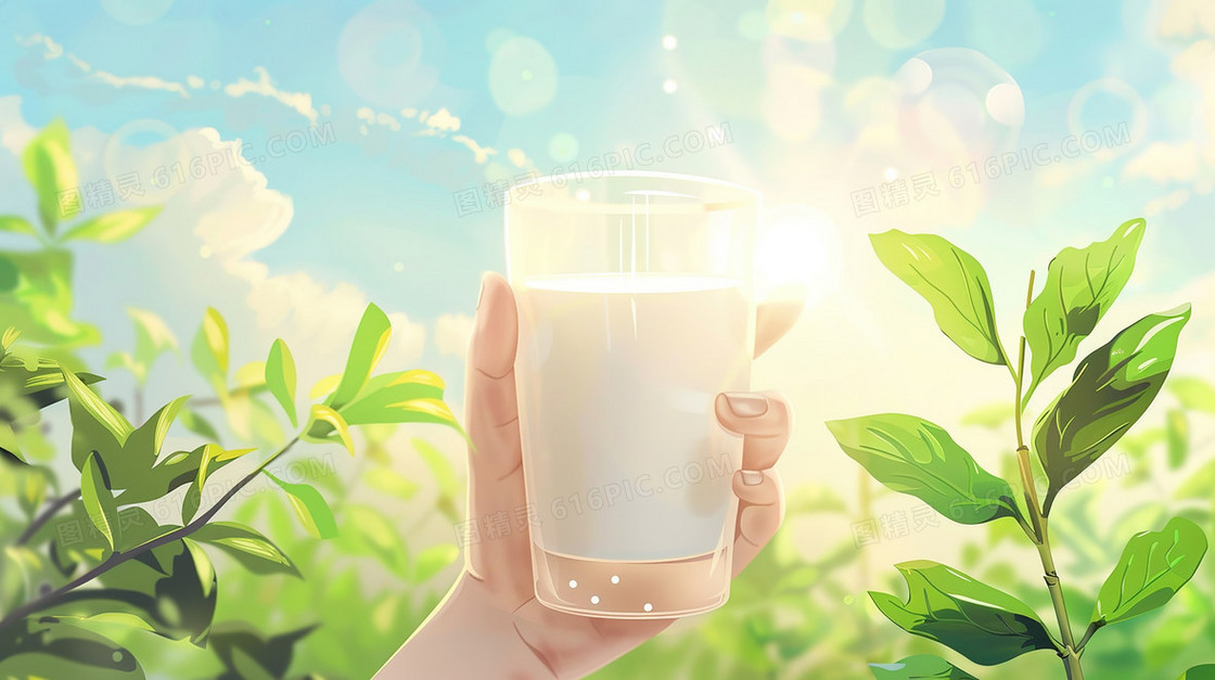 手拿一杯早餐牛奶插画