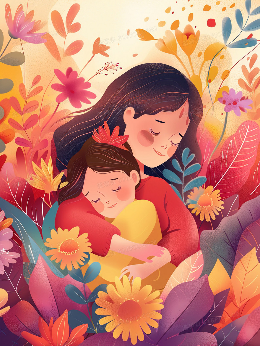 花丛中母亲拥抱孩子插画