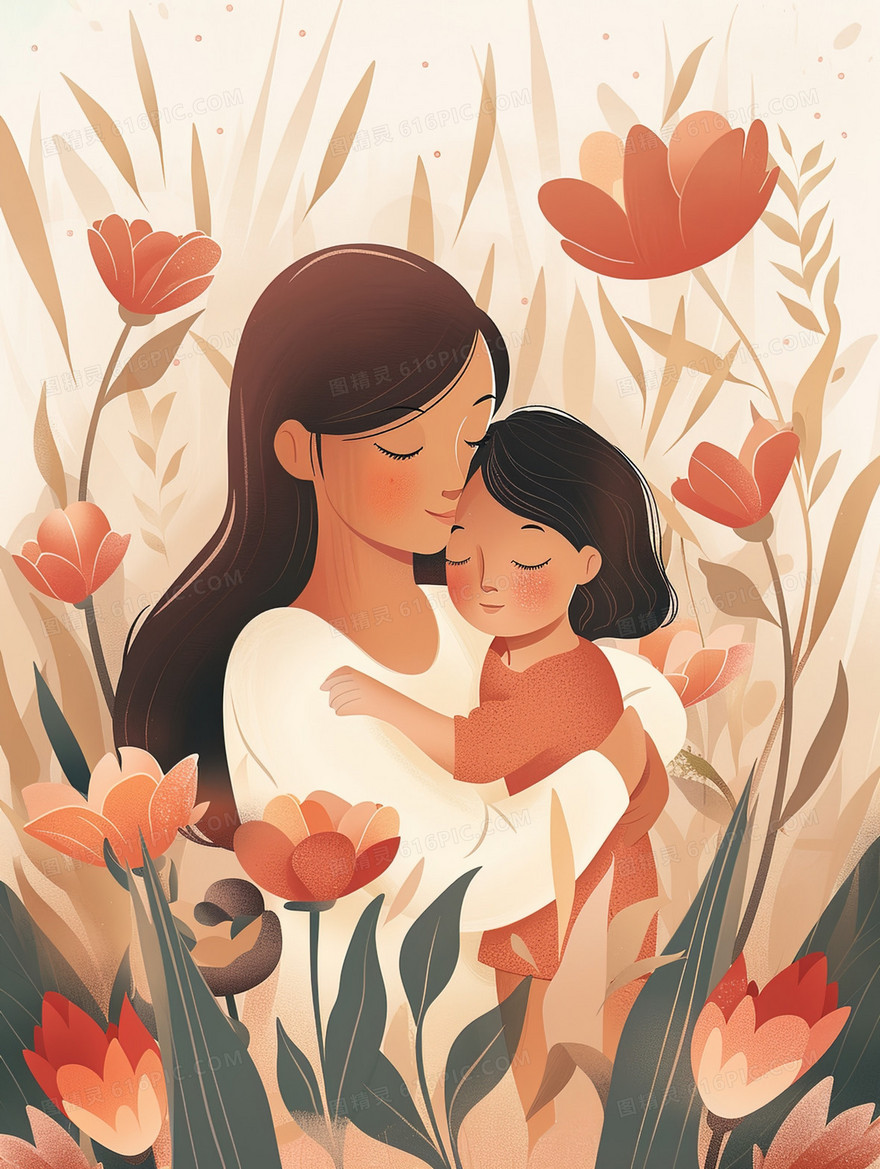 花丛中母亲拥抱孩子插画