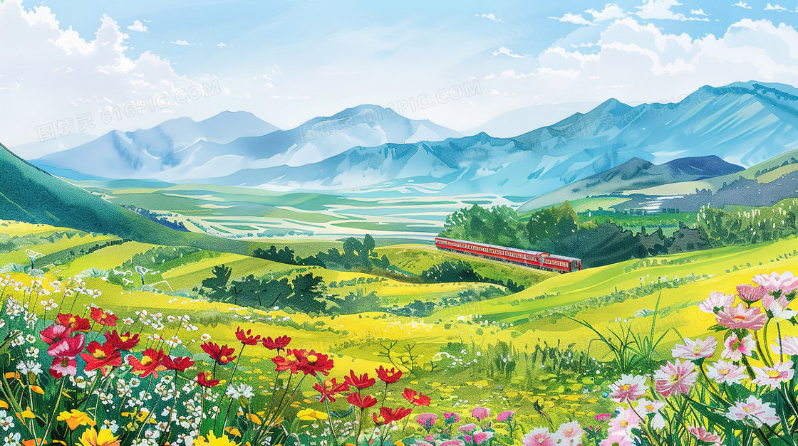 春日田野中行驶的火车插画