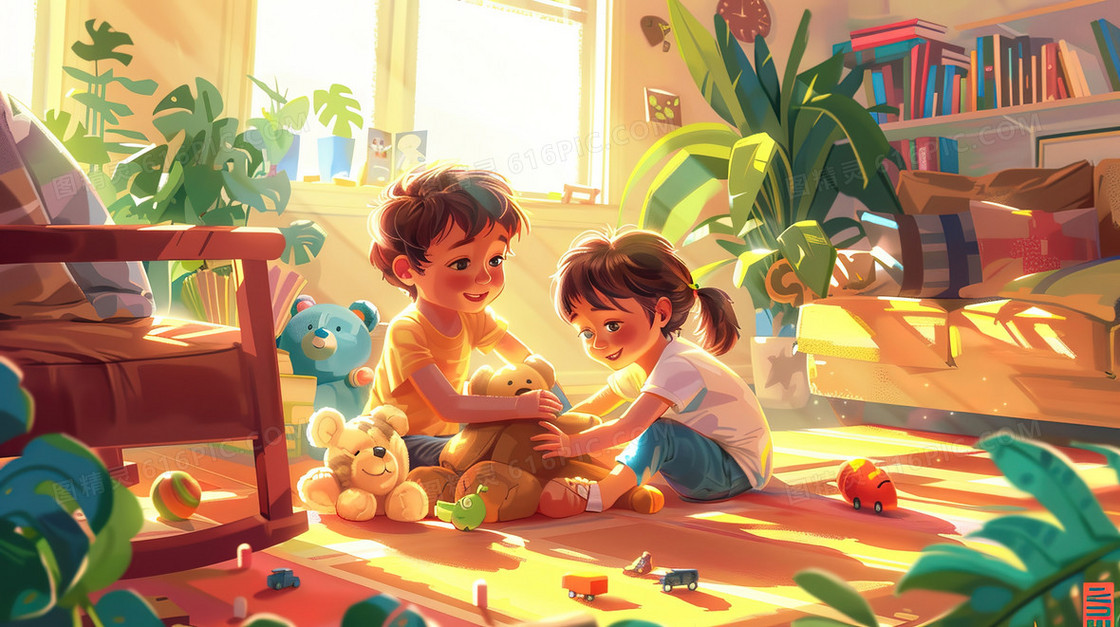 坐在地上玩玩具的小孩子插画