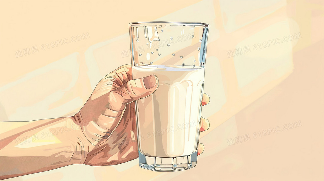 手拿一杯早餐牛奶插画