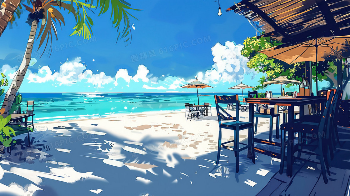 夏日海边沙滩店铺风景插画
