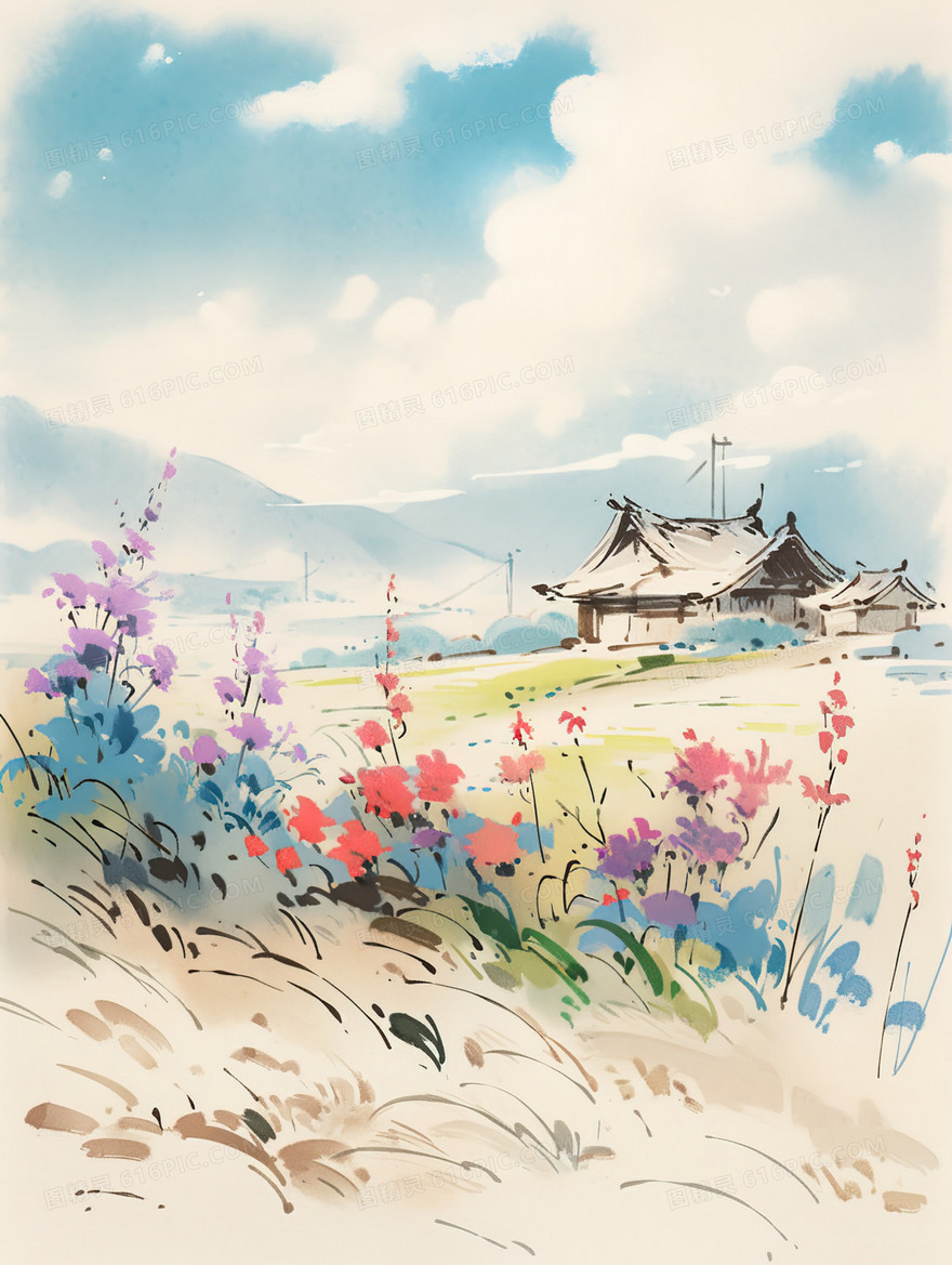 唯美水彩田野乡村风景插画