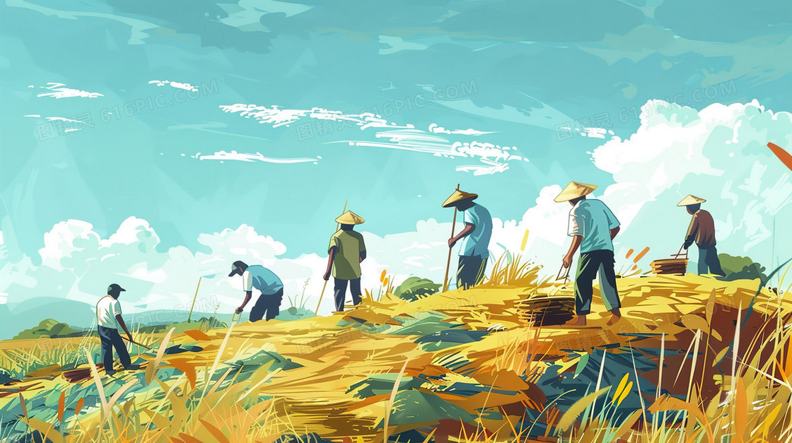 田野中劳动的人们插画