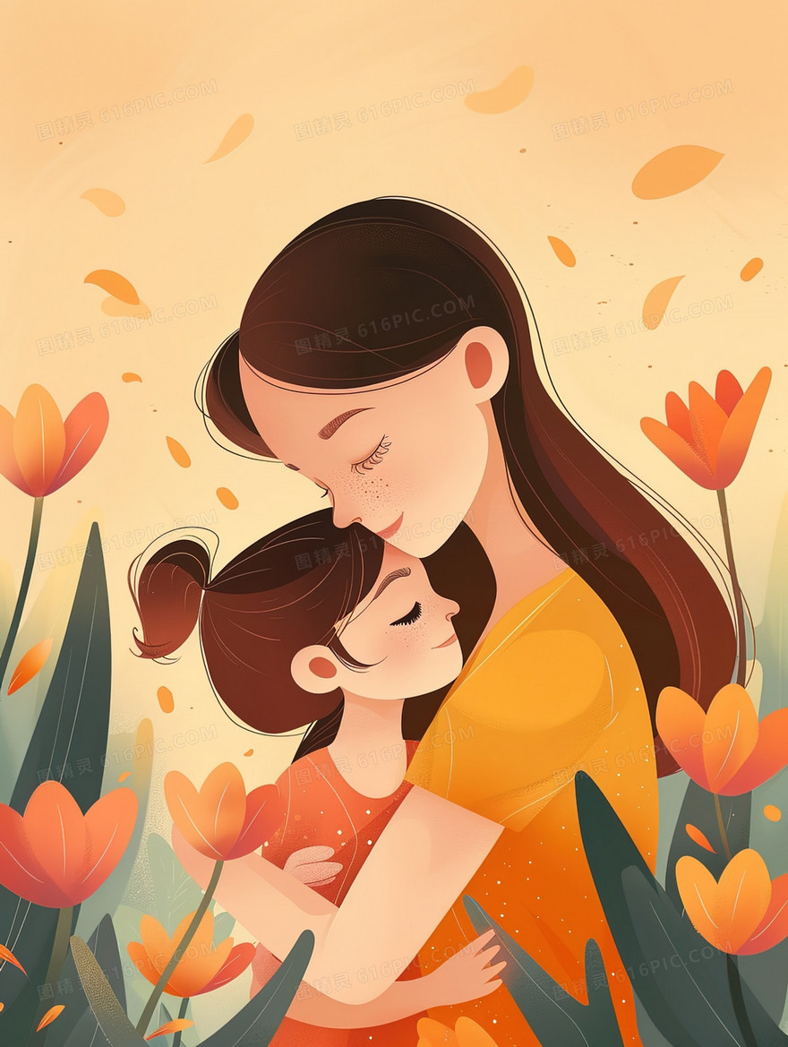 花丛中母亲拥抱孩子插画
