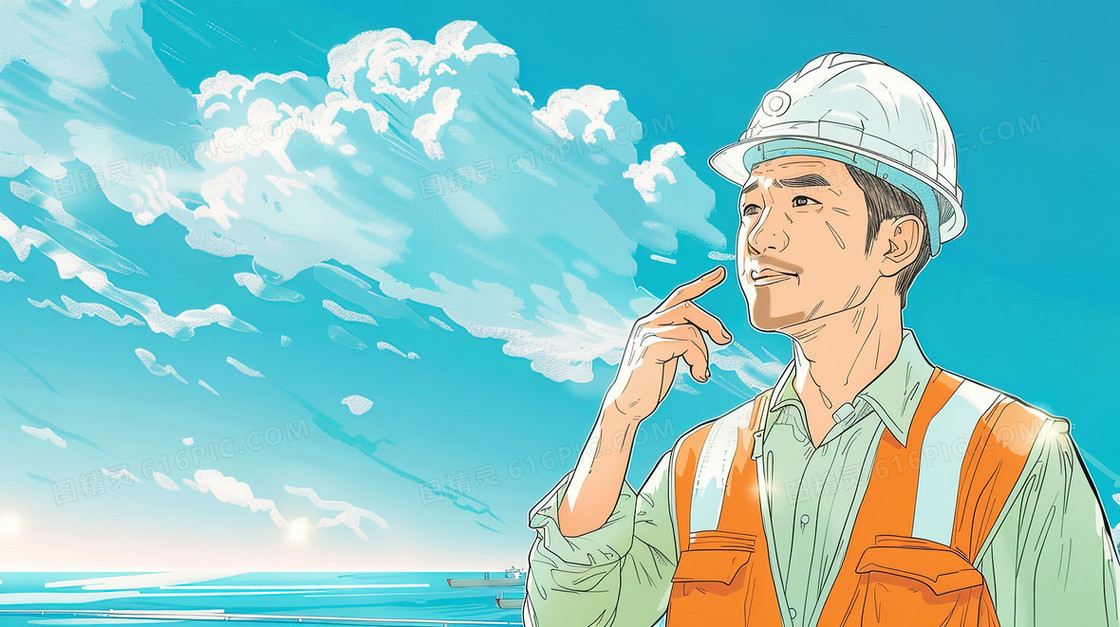 蓝天白云男性建筑工人插画