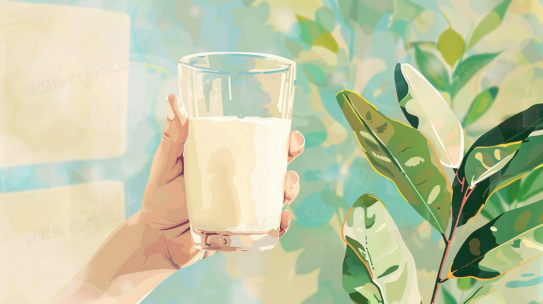 手拿一杯早餐牛奶插画