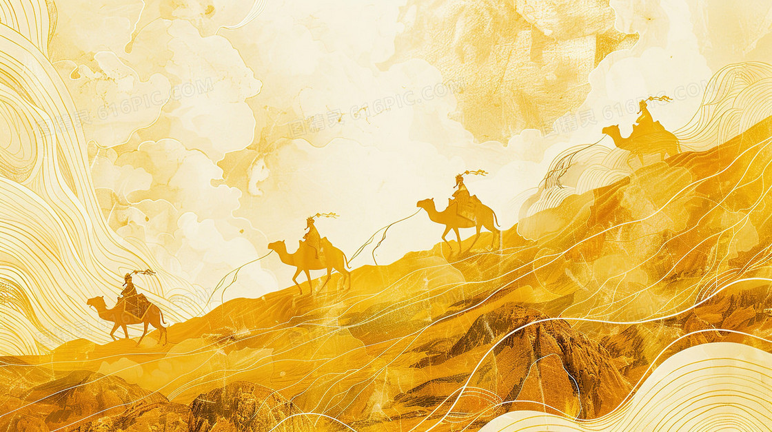 黄色沙漠骆驼丝绸之路插画