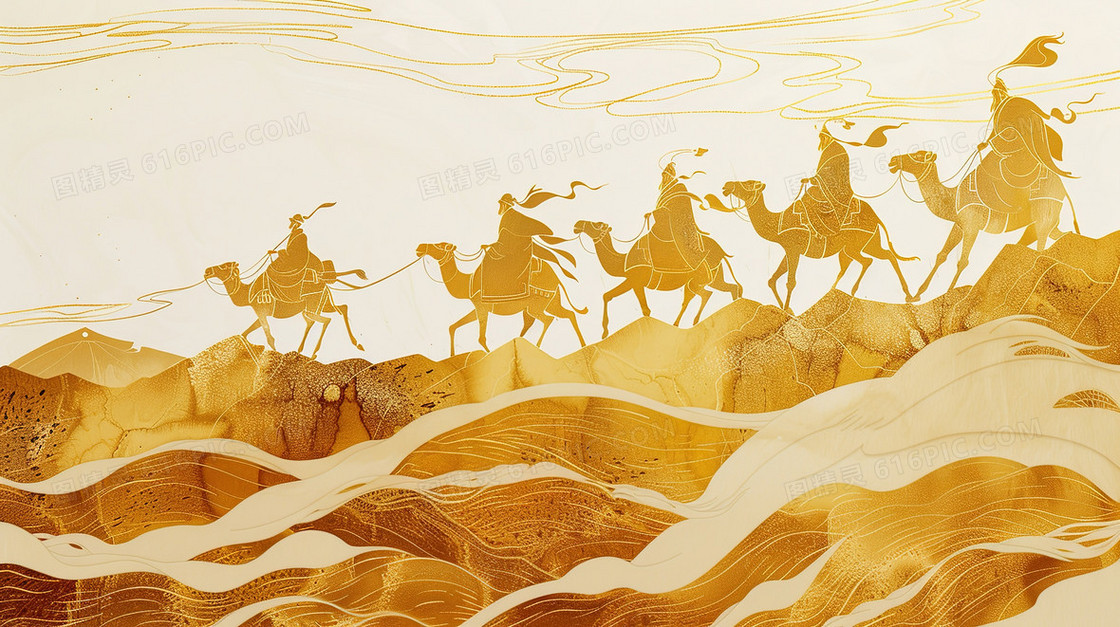 黄色沙漠骆驼丝绸之路插画
